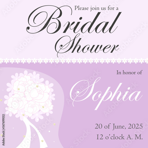 Bridal shower invitation with purple flowers with a wedding bouquet of white peonies and a wedding veil with sequins. Vector illustration