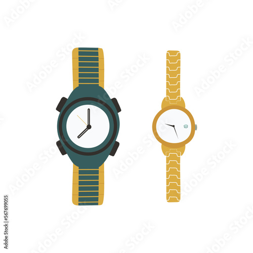 Vector Set of men's and women's watches. Watches collection isolated on white background. Bright hours. Vector illustration