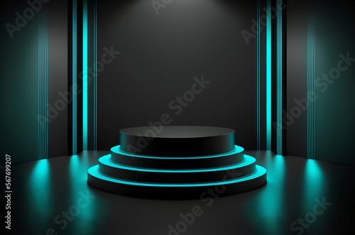 Stage podium scene for Award celebration or product presentation on blue background with lighting, generative ai.