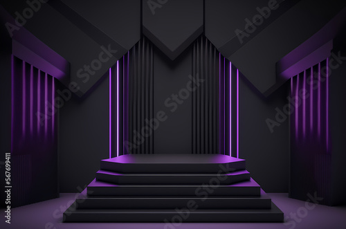 Stage podium scene for Award celebration or product presentation on purple background with lighting, generative ai.
