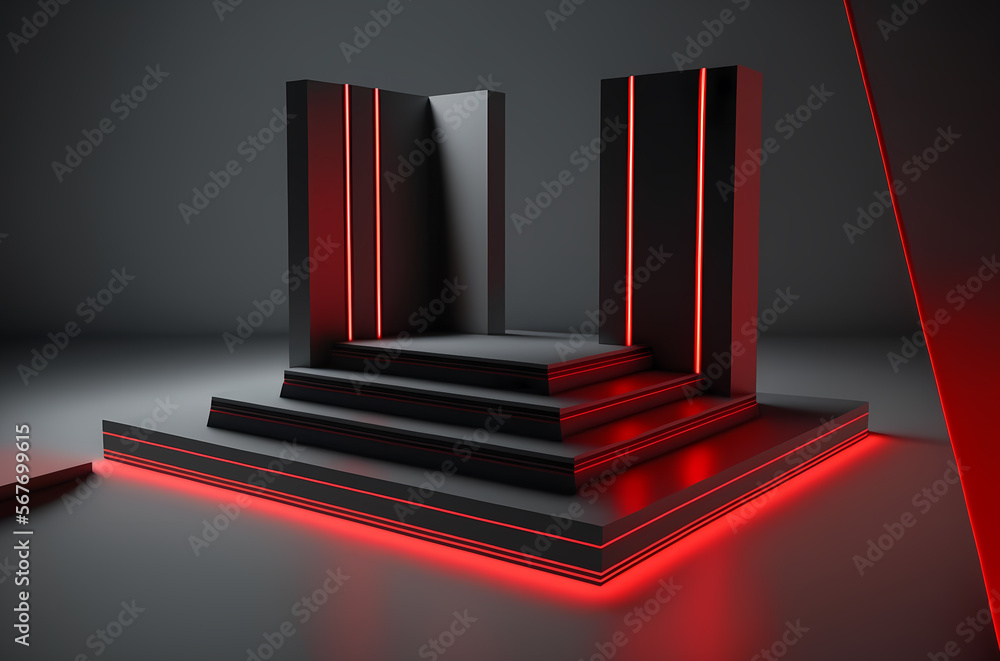 Fototapeta premium Stage podium scene for Award celebration or product presentation on red background with lighting, generative ai.