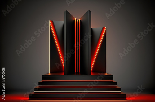 Stage podium scene for Award celebration or product presentation on red background with lighting  generative ai.