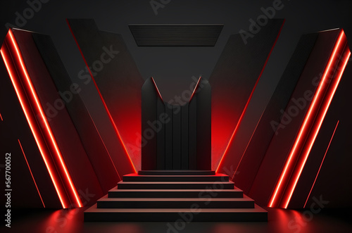 Stage podium scene for Award celebration or product presentation on red background with lighting, generative ai.