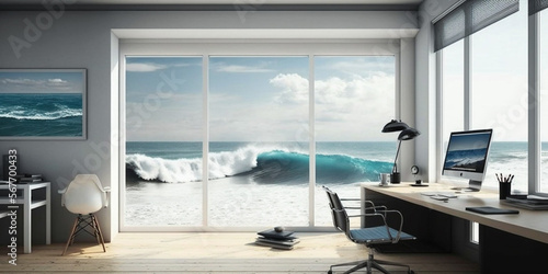 beautiful workspace facing the beach, peaceful beach vibe