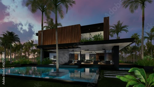 4K video rendering of modern cozy house with parking and pool for sale or rent with wood plank facade by the sea or ocean. Sunset evening by the coast with palm and flowers in tropical island Fly-walk
