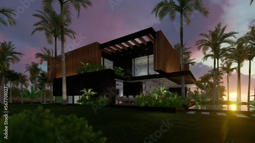 4K video rendering of modern cozy house with parking and pool for sale or rent with wood plank facade by the sea or ocean. Sunset evening by the coast with palm and flowers in tropical island Fly-walk