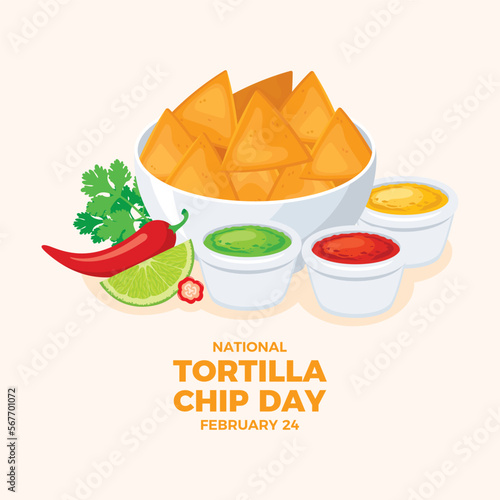 National Tortilla Chip Day vector. Chips and dips vector. Bowl of corn chips and garnish icon vector. Nachos tortilla chips and salsa sauce illustration. February 24. Important day