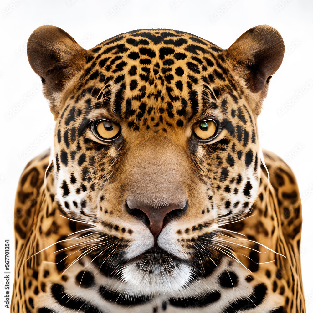 Obraz premium Adult jaguar close-up isolated on a white background. Generative AI.