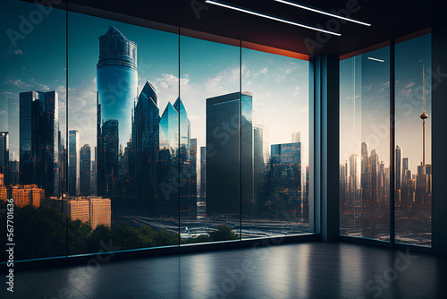 Big city view with glowing sun or sunset on cloudy sky background skyline cityscape, view through window of luxury office high tower for business background concept. Generative AI