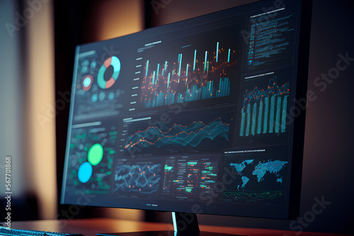 A computer screen displaying multiple financial reports and graphs and pie, representing the idea of data analysis and strategic decision making in business management. Generative AI photo