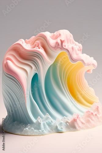 A huge pastel wave sculpture, a mass that melts and flows, bright soft colors. Illustration. Generative AI.