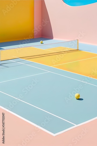 Creative pastel concept of a tennis court with drawn lines. It's time for sports and recreation, Healthy body. Illustration. Generative AI.