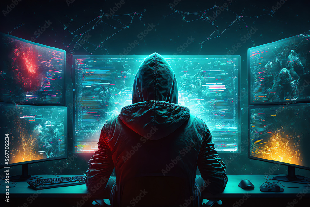 Back View Of Hacker Sitting In Front A Computer Screen With Multiple Back View Of Hacker Sitting In Front A Computer Screen With Multiple
