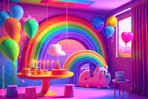 Birthday party card or anniversary party with full of balloons with rainbow colors , use it as a background or greeting card or setup room. generative ai
