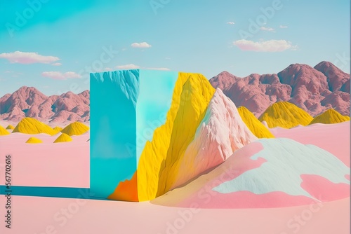 Abstract vivid colors landscape of desert mountains, dunes and sand. Colorful bright colors. Illustration, Generative AI.