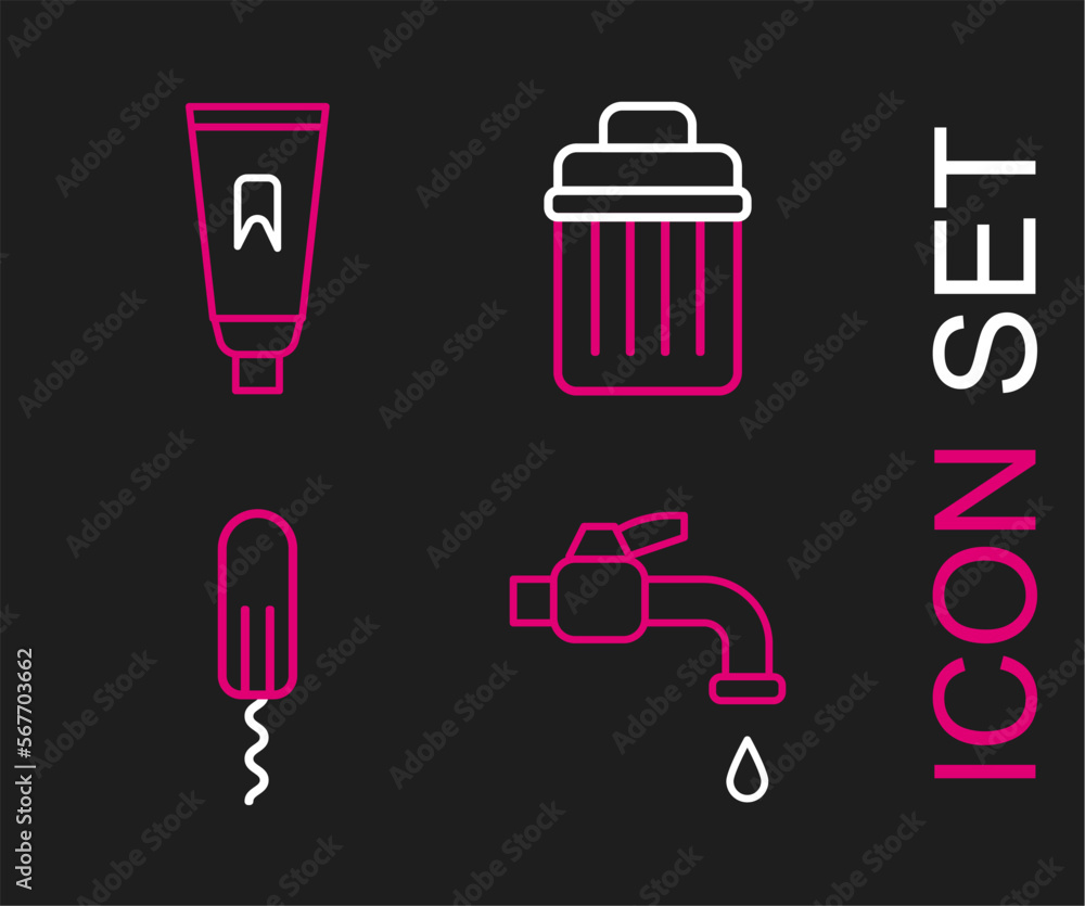 Set line Water tap, Sanitary tampon, Trash can and Tube of toothpaste icon. Vector Set line Water tap, Sanitary tampon, Trash can and Tube of toothpaste icon. Vector