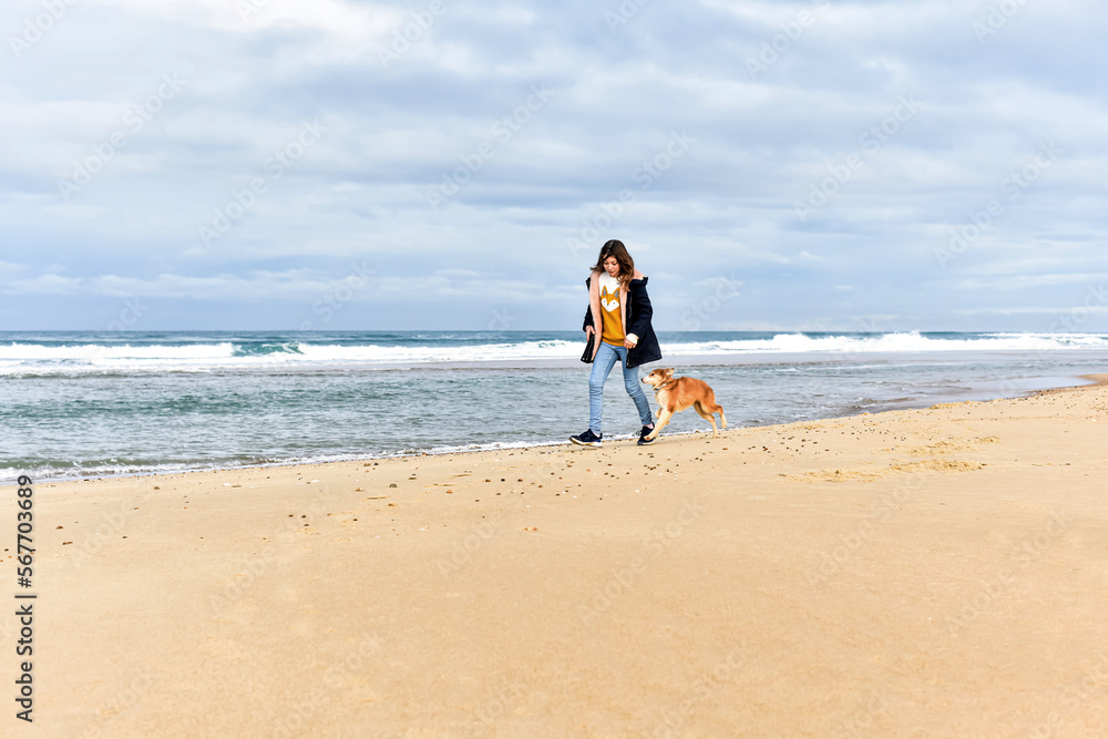 Pretty young girl playing with her young Border Collie on the beaches of South West France Pretty young girl playing with her young Border Collie on the beaches of South West France