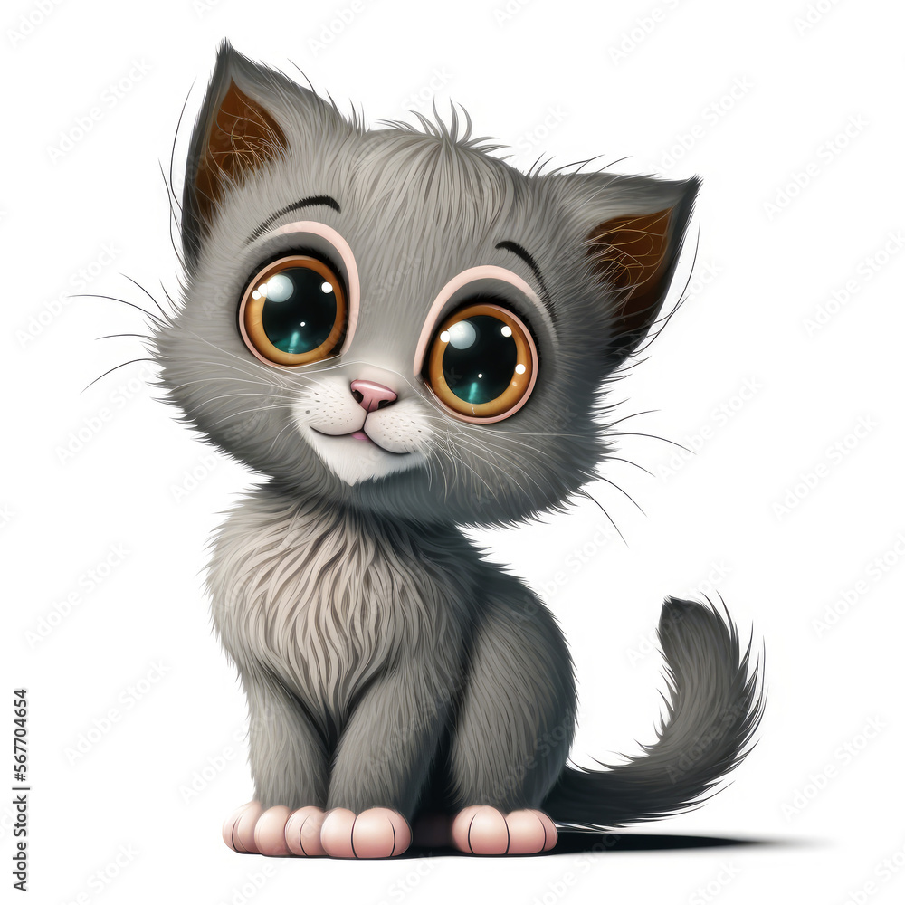 Cute Cartoon Kitten on a White Background