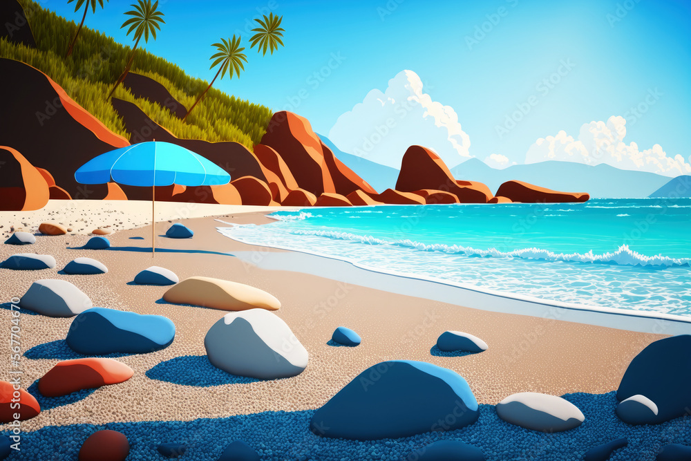 Naklejka premium Sea Landscape, Beach with Sand and Rocks