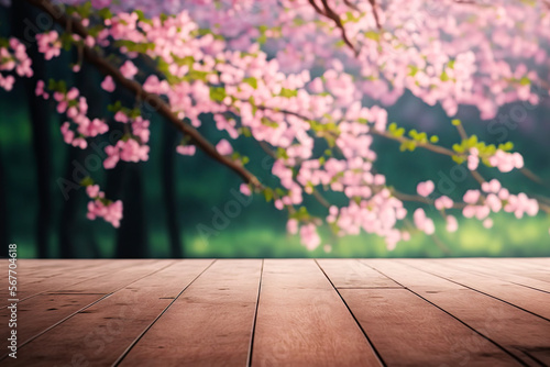 Wood Table with Pink Sakura Flowers Blooming Blossom Blurred Background