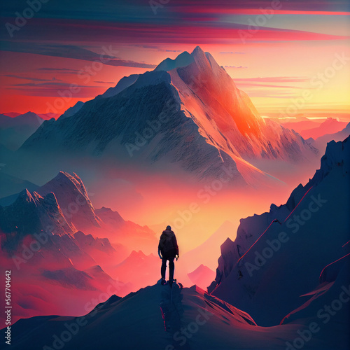 man climbing mountains in winter during sunrise