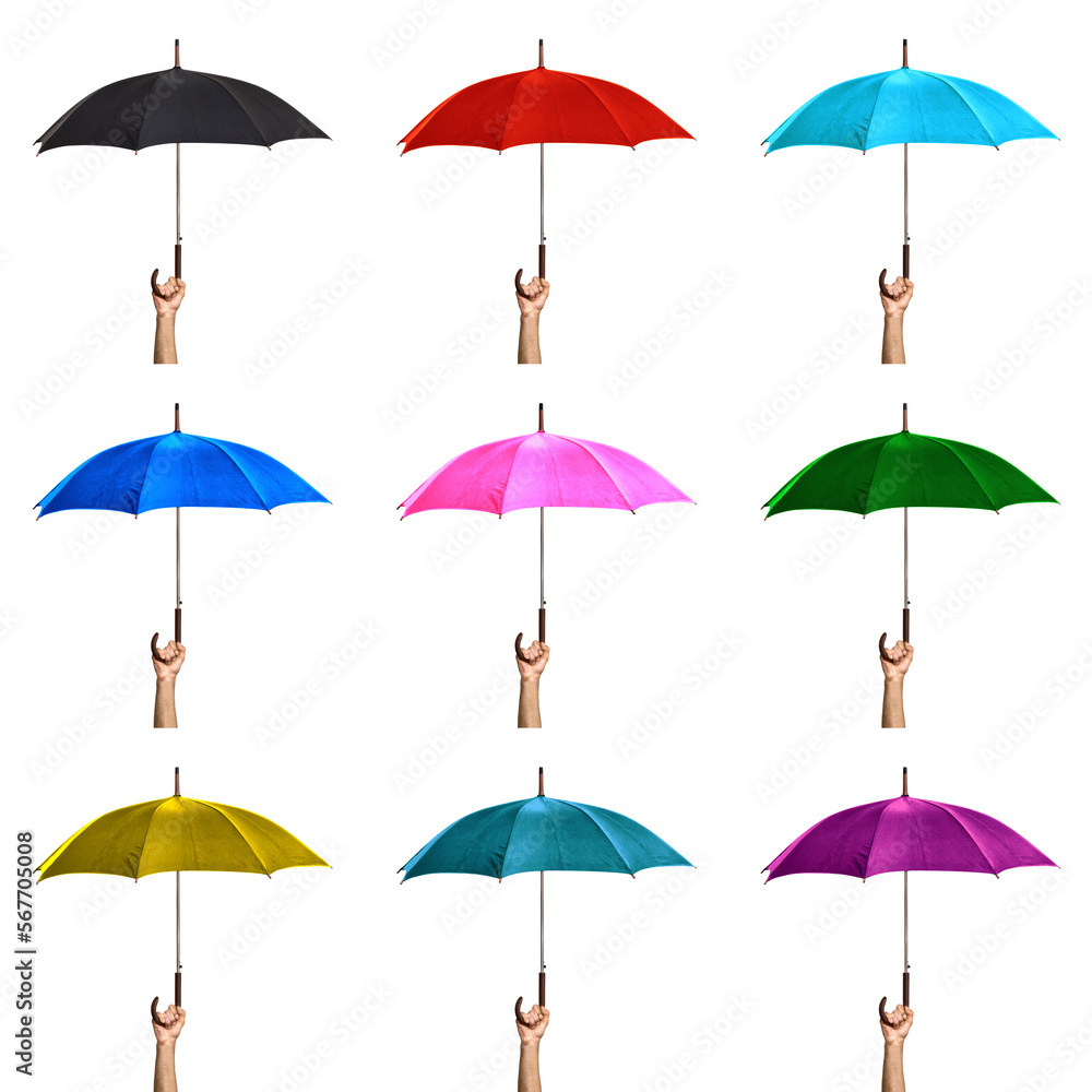 set of images Hand holding open colored umbrella isolated on whi