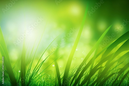 Spring grass with blurry selective focus, sun shines through the grass, macro