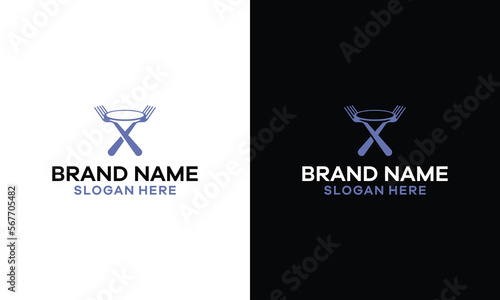 Linear logo catering with plate and fork on white and black background.