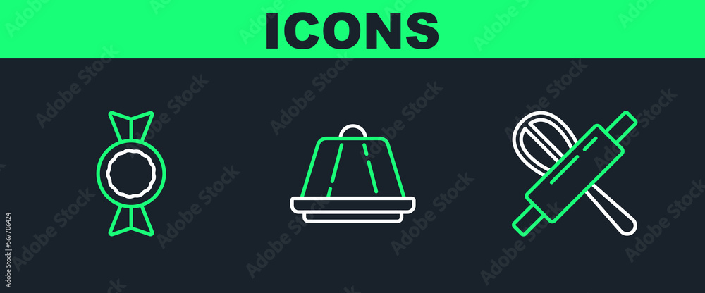 Set line Kitchen whisk and rolling pin, Candy and Pudding custard icon. Vector Set line Kitchen whisk and rolling pin, Candy and Pudding custard icon. Vector