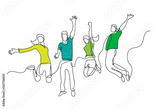 illustration of happy teenagers jumping, line art, drawing photo