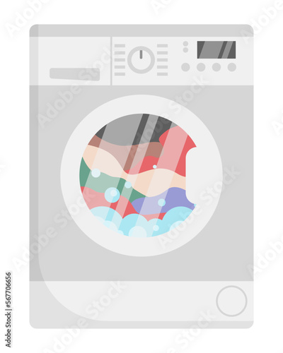 Washing machine with wet laundry inside, flat style vector illustration