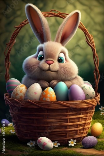 Easter bunny in basket with decorated eggs, generative ai