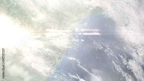 Earth zoom in from outer space to city. Zooming on Florianopolis, Santa Catarina, Brazil. The animation continues by zoom out through clouds and atmosphere into space. Images from NASA