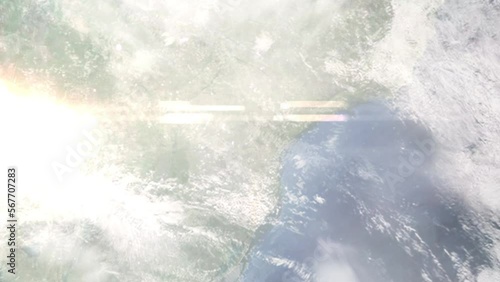 Earth zoom in from outer space to city. Zooming on Ponta Grosa, Parana, Brazil. The animation continues by zoom out through clouds and atmosphere into space. Images from NASA