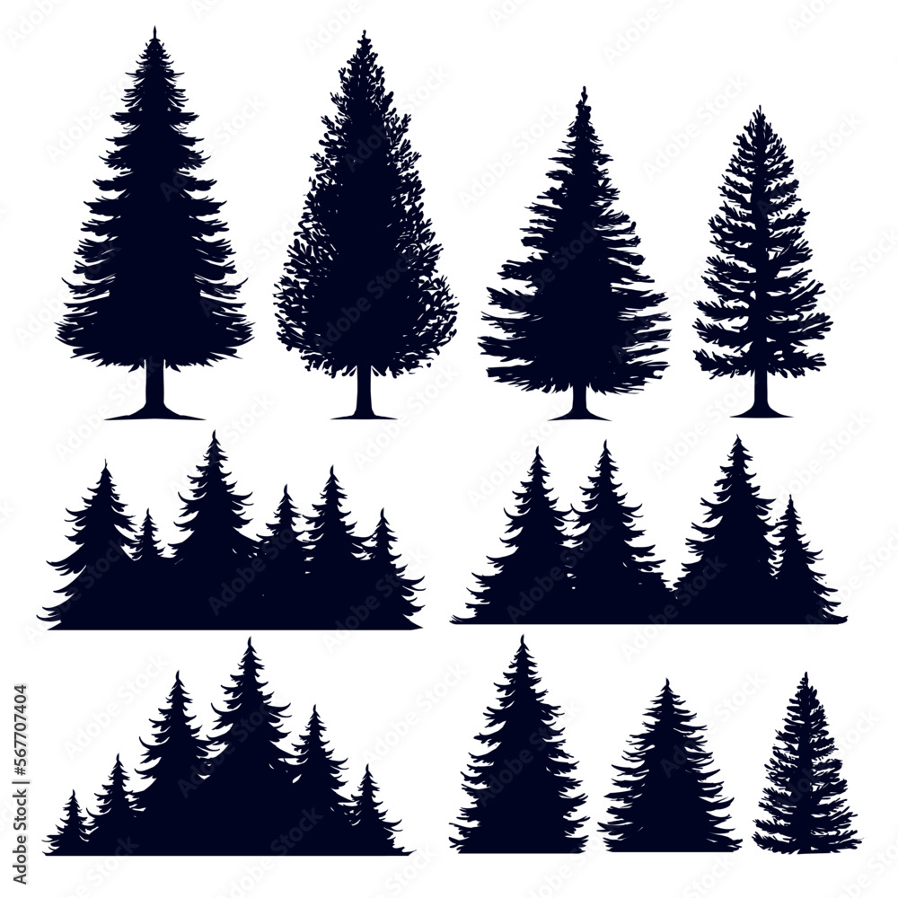 Obraz premium Pine trees mountain silhouette vector illustration editable