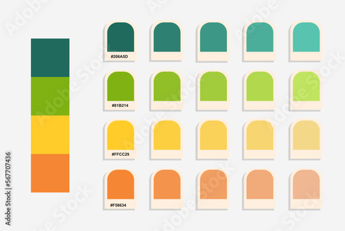Blue green yellow orange color palette, calm and pastel colors catalog, rgb colors, nature idea