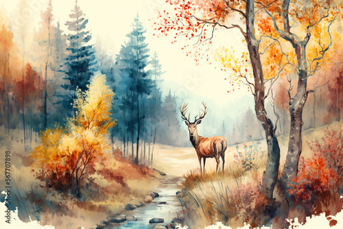  watercolor painting European forest in autumn with trees and wildflowers with deer , generative AI © ROYALE