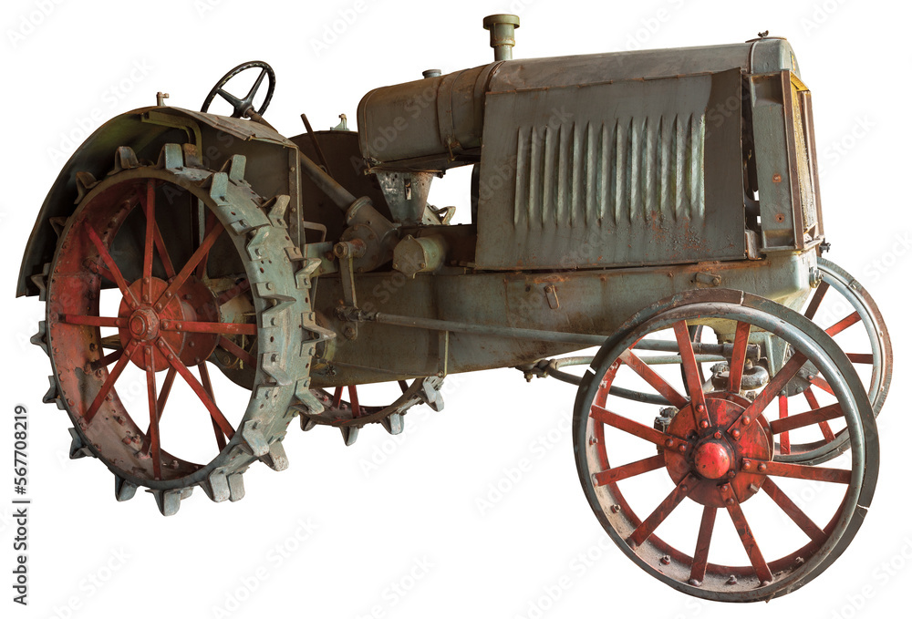 Vintage wheeled tractor for agriculture on a transparent background.