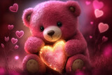 Hot Pink Cuddly Teddy Bear holding a Sparkling Neon Heart, with hearts background, Valentine's Day