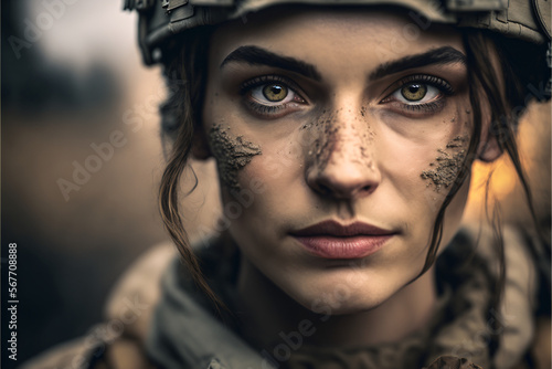 Portrait of young female soldier. Woman in military uniform on the war. Generative AI