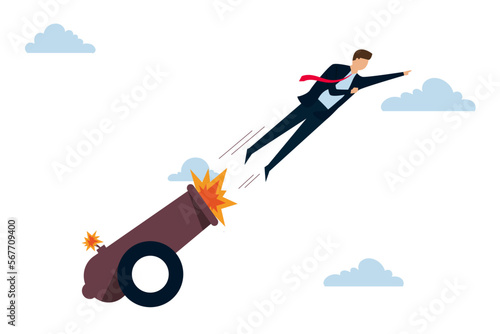 Career raise or process promoted, businessman shot from explosive cannon boosting excessive to attain enterprise success.