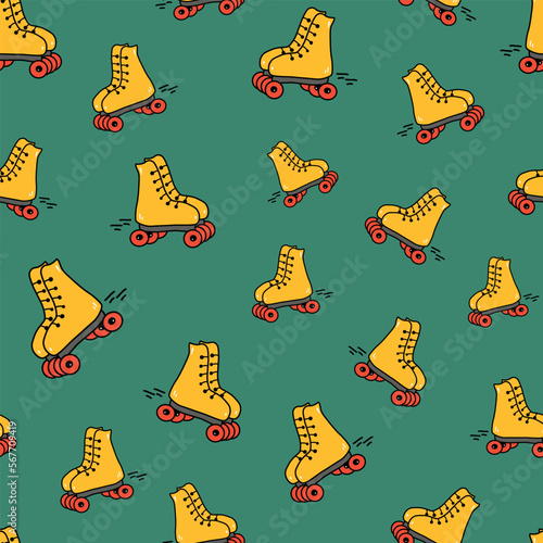 Seamless pattern with bright yellow roller skates doodle style, vector illustration on green background. 90's vibes, design for wrapping or packaging, leisure (ID: 567709419)