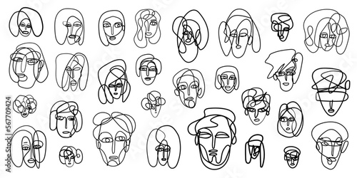 drawing of faces , Continuous line - vector design element set 