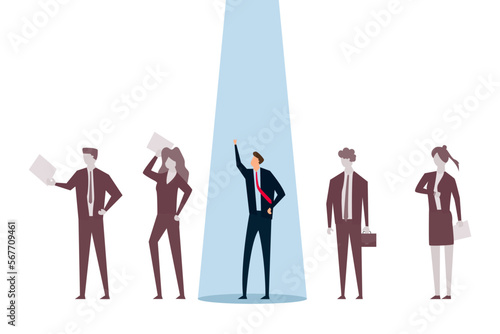 Selected one, HR recruiter chooses the best candidate, stands out from the confident businessman with the attention of other candidates translucent bland photo