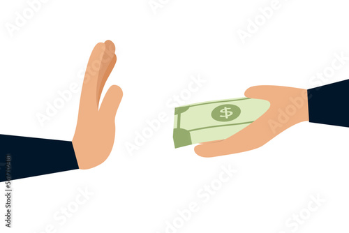 Stop corruption, refuse to accept corrupt money concept, honest businessman refuses to accept illegal banknotes.
