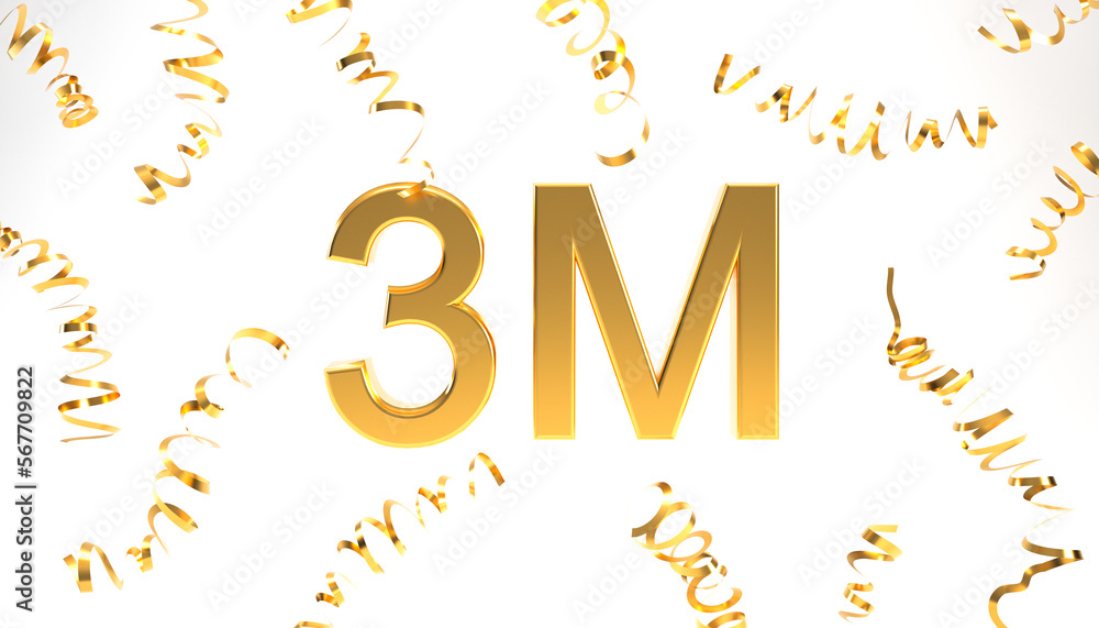Golden 3M followers symbol with confetti for celebration 3d rendering. Golden 3M followers symbol with confetti for celebration 3d rendering.