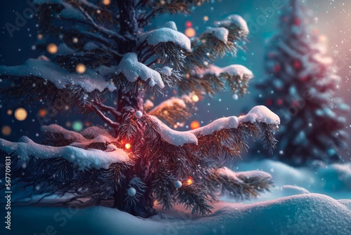 Festive winter christmas festive background with christmas tree christmas ornaments and background with blurred bokeh. Generative AI