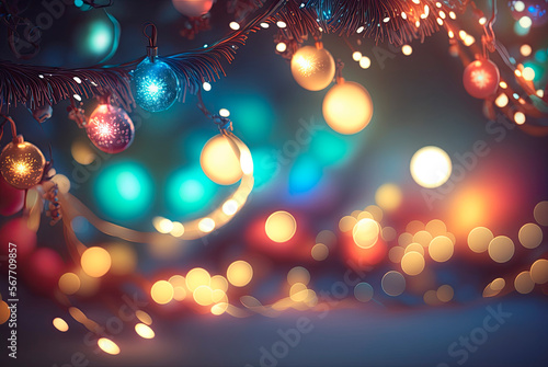 Festive winter christmas festive background with christmas tree christmas ornaments and background with blurred bokeh. Generative AI