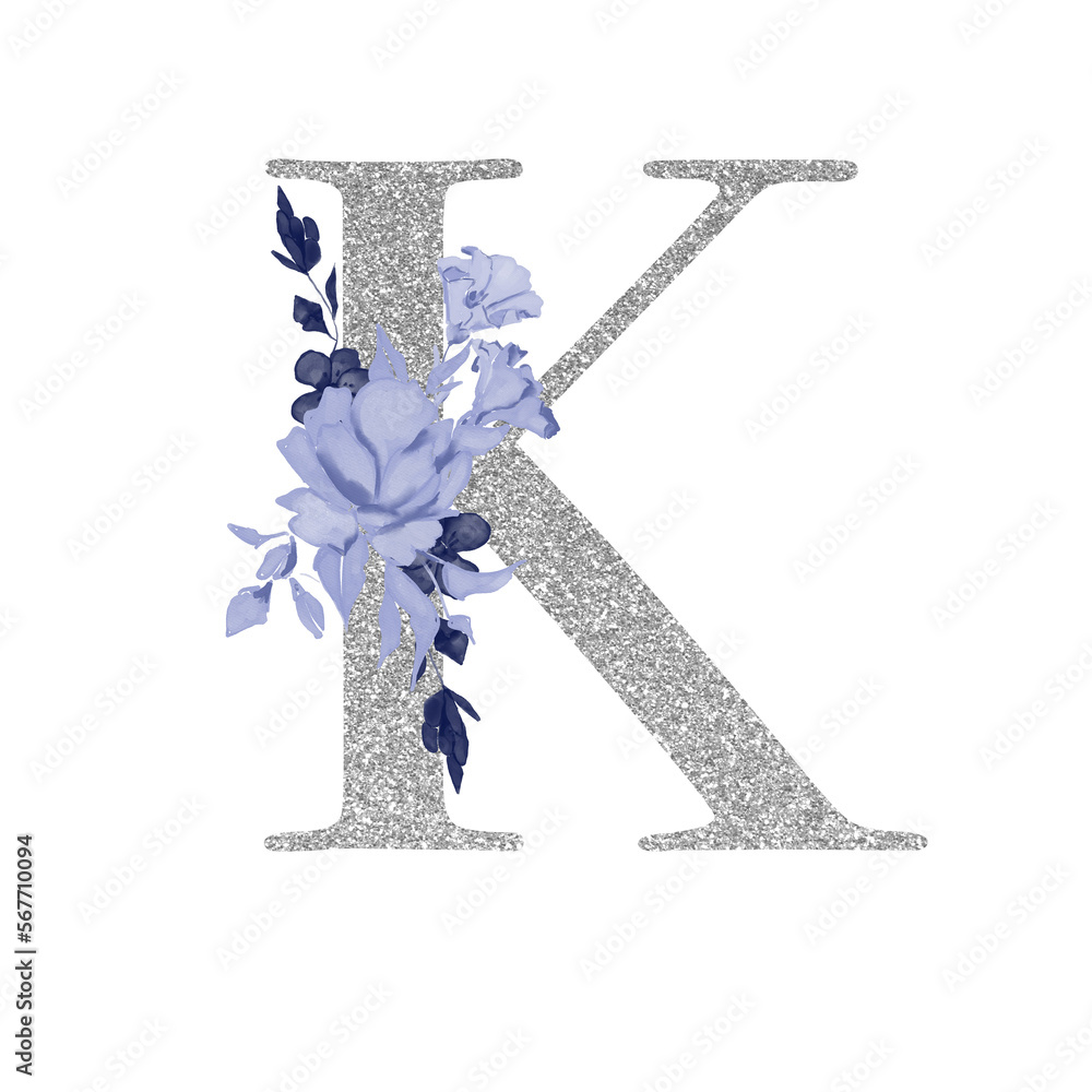 Silvet alphabet symbol with watercolor floral navy blue bouquet of flowers, letter k