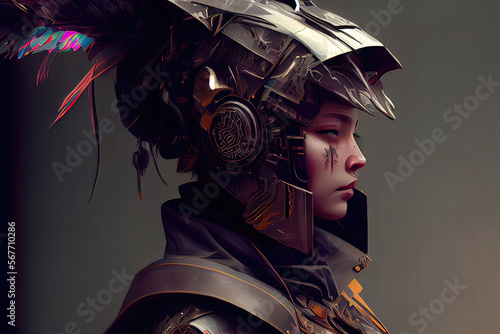 fictional character, ai generated, close up, portrait of a steam punk, futuristic  anime cyborg hybrid airbourne mounted scout woman photo